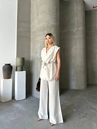 Keten ıfır Kol Kuşaklı Ceket Pantolon Ikili Takım  Beyaz