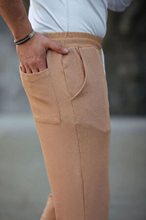 Erkek Paça Yırtmaçlı Burgu elanik Dokulu Jogger Buggy Pantalon Rahat Kalıp  Kahverengi