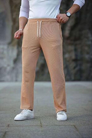 Erkek Paça Yırtmaçlı Burgu elanik Dokulu Jogger Buggy Pantalon Rahat Kalıp  Kahverengi