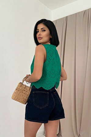 Yeşil ıfır Kol Brode Bluz