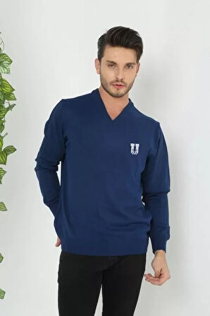 Baskılı V Yaka Uzun Kol Dokuma Triko  Indigo