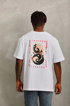 Unisex Oversize Baskılı Bisiklet Yaka Thirt  Beyaz