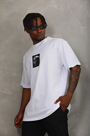 Unisex Oversize Baskılı Bisiklet Yaka Thirt  Beyaz