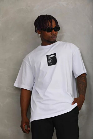 Unisex Oversize Baskılı Bisiklet Yaka Thirt  Beyaz