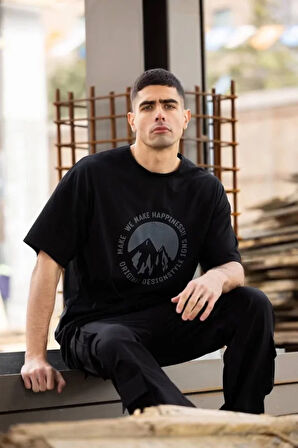 Unisex Bisiklet Yaka Baskılı Oversize Thirt  iyah