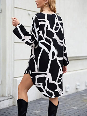 Kadın Uzun Kollu V Yakalı Desenli Dalgıç Elbise