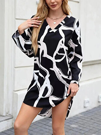 Kadın Uzun Kollu V Yakalı Desenli Dalgıç Elbise