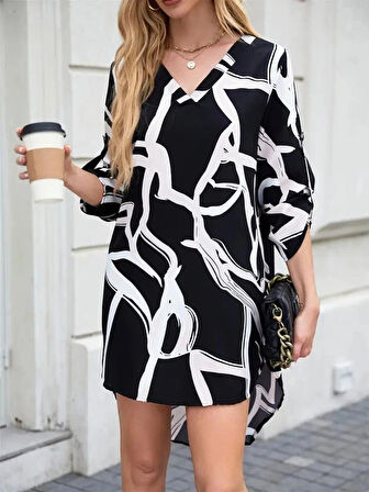 Kadın Uzun Kollu V Yakalı Desenli Dalgıç Elbise