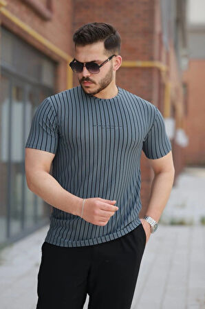 Erkek Dikey çizgili Ottoman Kumaş Kısa Kollu Tshirt