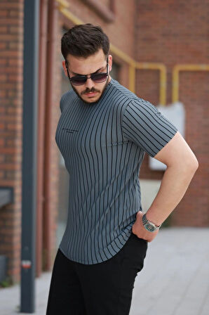 Erkek Dikey çizgili Ottoman Kumaş Kısa Kollu Tshirt