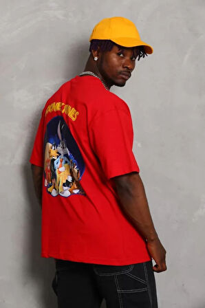 Unisex Oversize Baskılı Bisiklet Yaka Thirt  Kırmızı