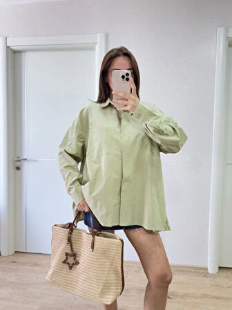 Yakalı Yandan Yırtmaçlı Gömlek  Yeşil