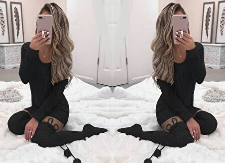 Kadın Uzun Kollu Bisiklet Yaka Triko Elbise (çorapsız)