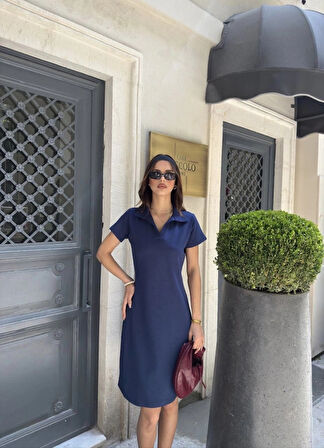 Osy odal Yumuşak Dokulu Kumaş Yakalı Kısa Kollu Elbise  avi