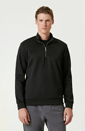 Unisex Uzun Kol Yarım Farmuarlı Yakalı Basic weathirt  iyah