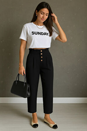 Kadın Yüksek Belli önden Düğmeli Ithal Keten Pantolon