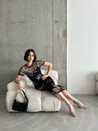 Baskılı Şifon Kimono Elbise  iyah