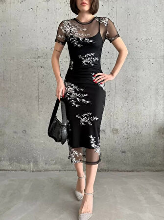 Baskılı Şifon Kimono Elbise  iyah