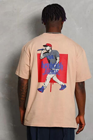 Unisex Oversize Baskılı Bisiklet Yaka Thirt  Bej