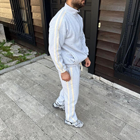 Erkek Çift Şeritli Eşofman Takım Dik Yaka Fermuarlı weatshirt Boru Paça Alt, Oversize 3 Iplik Pamuklu  Gri