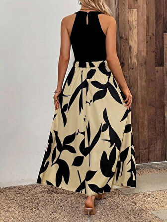 Kadın Sıfır Kollu Yakadan şeritli Omuzlardan Açık Janjan Krep Desenli Al Dalgıç Maxi Elbise