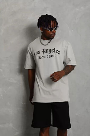 Unisex Oversize Baskılı Bisiklet Yaka Thirt  Gri