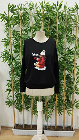 Kadın Yılbaşı Özel Uzun Kollu Bisiklet Yaka Desenli Viskon Iki Iplik Bluz