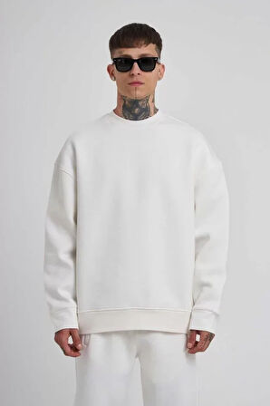 Unisex Biskilet Yaka Üç İplik weathirt  Beyaz