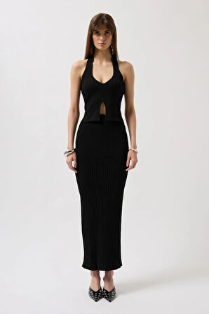 V Detay Dokulu Crop Bluz