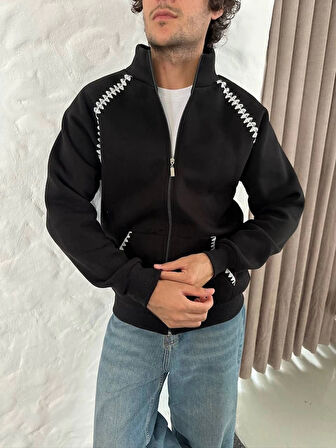 Erkek Oversize Dik Yaka Fermuarlı weatshirt  Zincir Nakışli Kanguru Cepli  iyah