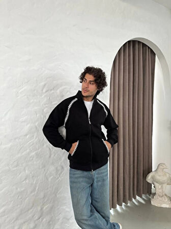 Erkek Oversize Dik Yaka Fermuarlı weatshirt  Zincir Nakışli Kanguru Cepli  iyah