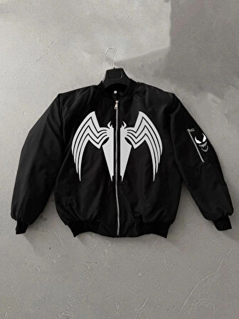 Tam Fermuarlı Uzun Kol Baskılı Bomber Ceket  iyah