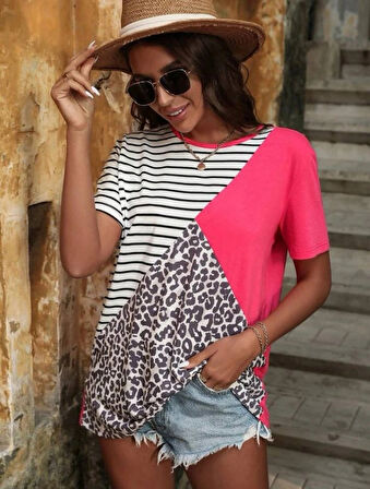Kadın Süprem Kumaş Leopar Desenli Ve Cizgili Oversize Bluz