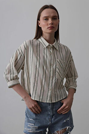 Çizgili Kısa Gömlek  BejYeşil