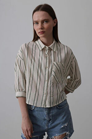 Çizgili Kısa Gömlek  BejYeşil