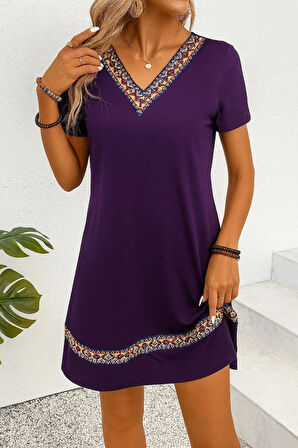 Kadın Kısa Kollu V Yakalı Etnik Desen şerit Detaylı Viskon Elbise