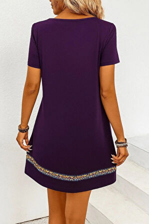 Kadın Kısa Kollu V Yakalı Etnik Desen şerit Detaylı Viskon Elbise