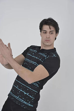 Erkek Yakalı lim Fit Pike Çizgili Thirt  iyah