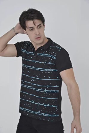 Erkek Yakalı lim Fit Pike Çizgili Thirt  iyah