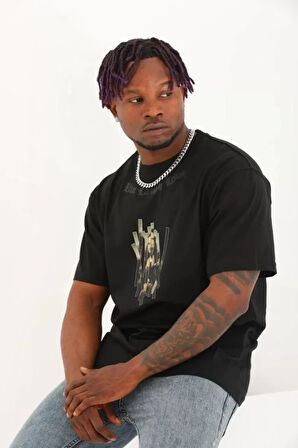 Unisex Oversize Baskılı Bisiklet Yaka Thirt  iyah