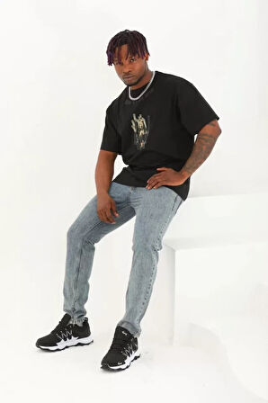 Unisex Oversize Baskılı Bisiklet Yaka Thirt  iyah