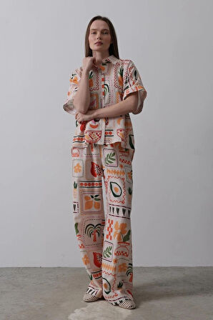 Baskılı Kısa Kol Pantolon Takım  TaşOranj