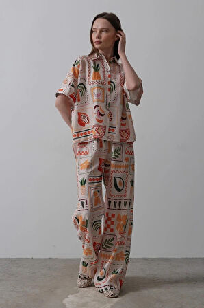 Baskılı Kısa Kol Pantolon Takım  TaşOranj