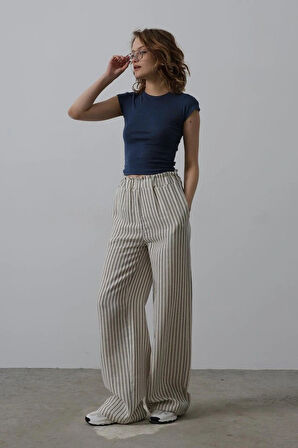 Çizgili Pamuklu astikli Pantolon  Bejacivert