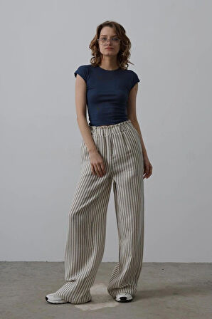 Çizgili Pamuklu astikli Pantolon  Bejacivert