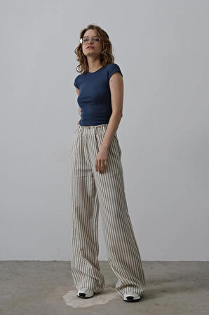 Çizgili Pamuklu astikli Pantolon  Bejacivert