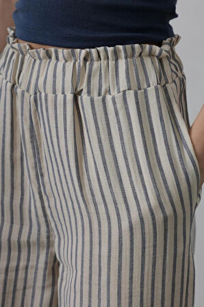 Çizgili Pamuklu astikli Pantolon  Bejacivert