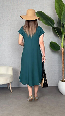 Kadın Kısa Kollu V Yaka Salaş Maxi Boy Elbise