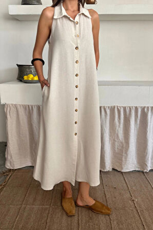 KETEN ÖNDEN DÜĞELİ KOLSUZ GÖLEK YAKA ELBİSE  Beyaz