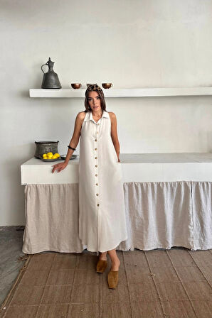 KETEN ÖNDEN DÜĞELİ KOLSUZ GÖLEK YAKA ELBİSE  Beyaz